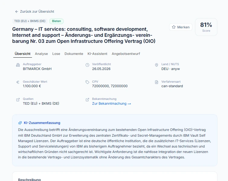 A single tender notice. A combined score of 81 per cent sits top right; below it the buying authority, the published date, the estimated value and the sources it was found in, then a generated plain-language summary of what the contract actually asks for.
