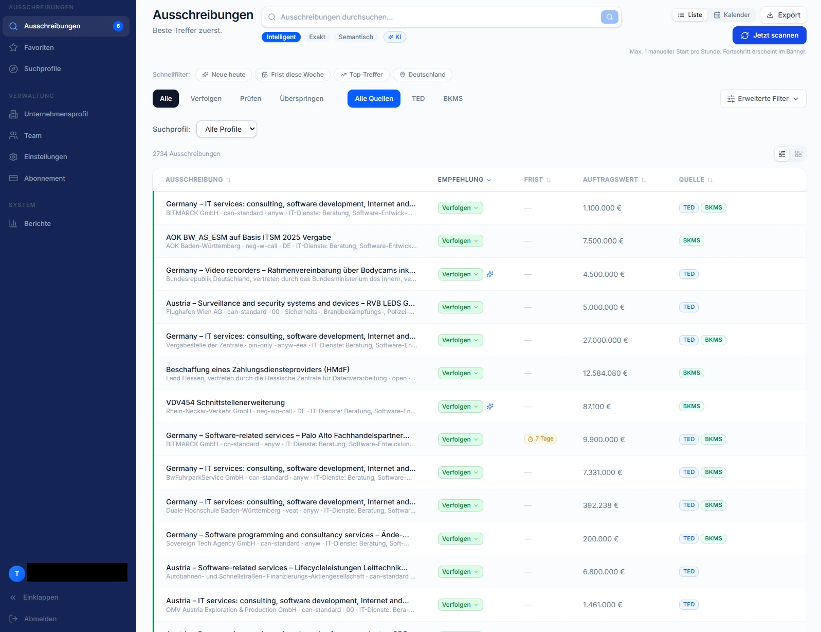 The tender list, 2,734 notices, best matches first. Each row shows the buying authority, the deadline, the contract value and a badge naming the source it came from, TED or a regional portal.