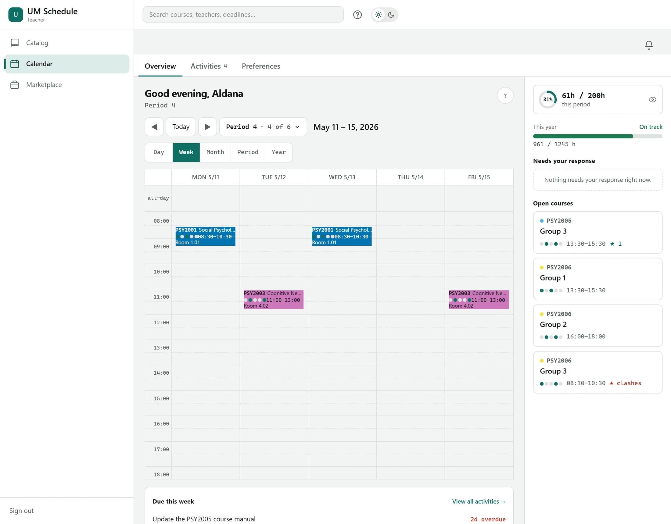 The same period as a teacher sees it: a week calendar of their own sessions, and a panel of open courses. One entry is marked with a filled triangle and the word clashes.